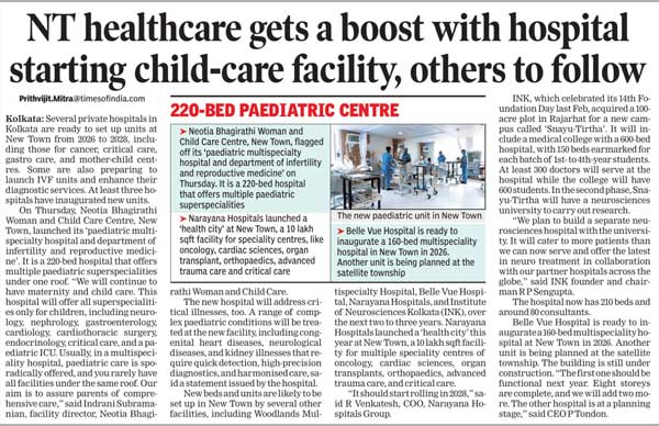 Publication: The Times of India<br>
 
 Date: 12th Dec, 2025<br>
  
 Headline: NT healthcare gets a boost with hospital starting child-care facility, others to follow<br>

 Page No.: 04<br>

 Edition: Kolkata