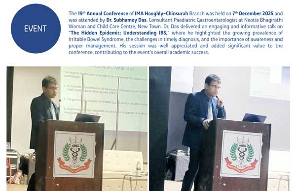 The 19th Annual Conference of IMA Hooghly–Chinsurah Branch was attended by Dr. Subhamoy Das, Consultant Paediatric Gastroenterologist at Neotia Bhagirathi Woman and Child Care Centre, Newtown