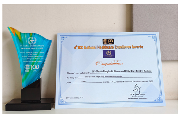 Neotia Bhagirathi Woman and Child Care Centre, New Town was honoured with ' 4th ICC National Healthcare Excellence Award' at Le Meridien, New Delhi.